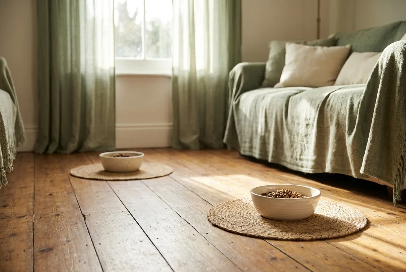 Two separate feeding stations placed well apart on a wooden floor, each with its own bowl on a woven mat.